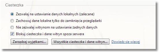 Określenie ustawień ciasteczek daje kontrolę nad sposobem ich obsługi przez Operę.