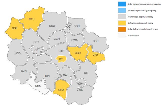 PROGNOZA NA 2017, WOJEWÓDZTWO KUJAWSKO-POMORSKIE RELACJA MIĘDZY DOSTĘPNĄ SIŁĄ ROBOCZĄ A ZAPOTRZEBOWANIEM NA PRACOWNIKÓW W GRUPIE ZAWODÓW NAUCZYCIELE JĘZYKÓW OBCYCH I LEKTORZY WG POWIATÓW Źródło: