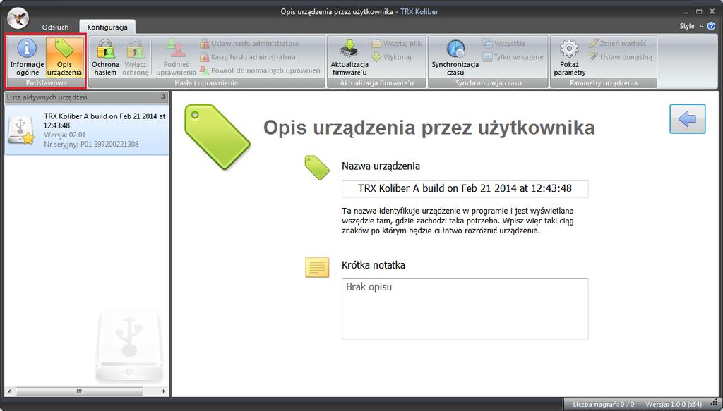 2.2.2 Opis urządzenia Okno Opis urządzenia przez użytkownika umożliwia wprowadzenie nazwy