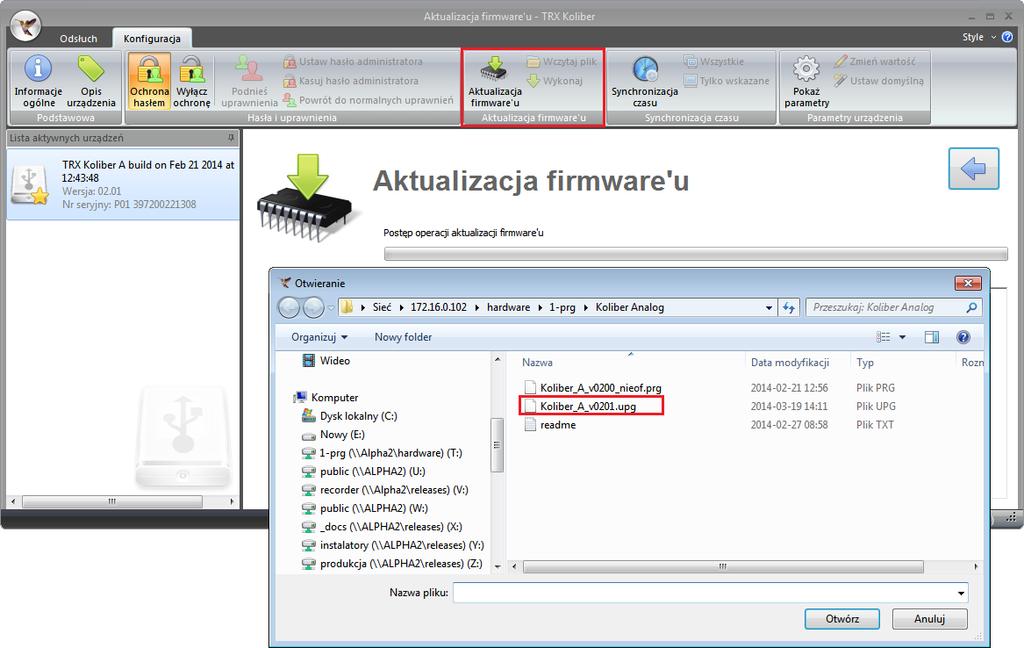 Po wybraniu przycisku otwiera się automatycznie okno wyboru folderu zawierającego plik z nową wersją firmware.