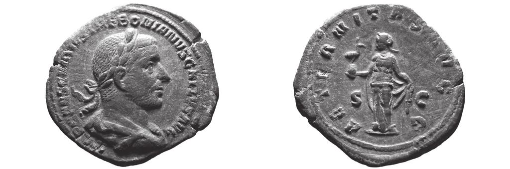 Fot. 8. RIC IV, 3, Trebonianus Gallus 102. Sesterc, Rzym, 251-253 n.e. Aw.: IMP CAES C VIBIVS TREBONIANVS GALLVS AVG; Popiersie Treboniana Galla w wieńcu laurowym, pr. Rew.