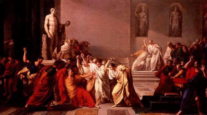ŚMIERĆ JULIUSZA CEZARA W wyniku spisku senatorów Cezar został zamordowany w gmachu senatu 15 marca 44 p.n.e. podczas idów marcowych.
