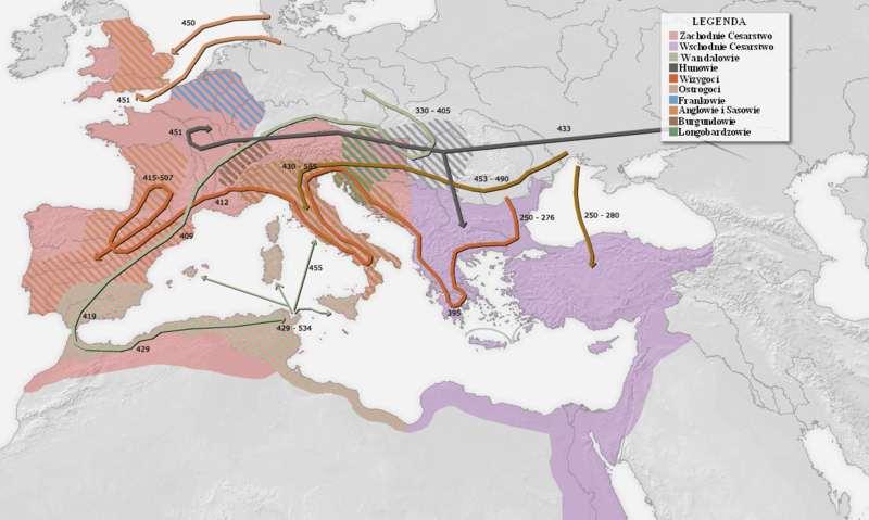 WIELKA WĘDRÓWKA LUDÓW Reformy Dioklecjana zatrzymały na pewien czas kryzys w państwie, ale wkrótce cesarstwu zagroziła wielka wędrówka ludów ze stepów azjatyckich do Europy zaczęły od IV wieku