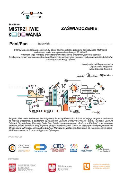 7 Jednym z projektów w którym szkołą brała udział jest projekt Mistrzowie Kodowania Program Mistrzowie Kodowania tworzą