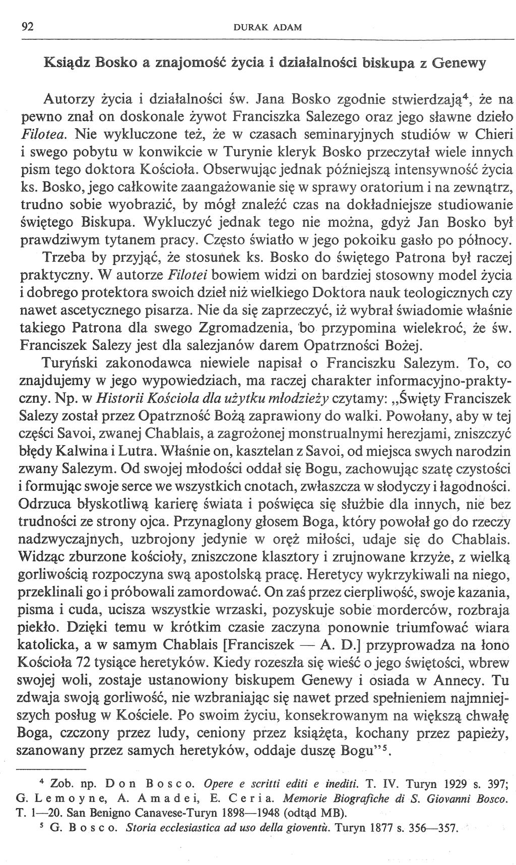 9 2 DURAK ADAM Ksiądz Bosko a znajomość życia i działalności biskupa z Genewy Autorzy życia i działalności św.