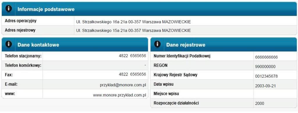 WYWIADOWNIA GOSPODARCZA Raport STANDARD Raport Wywiadowni Gospodarczej Standard zawierają szczegółowe informacje: dane rejestrowe i teleadresowe klasyfikację