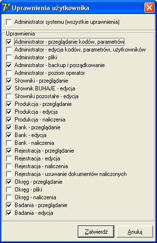 W funkcji uprawnienia umieszczono m.in. rodzaj uprawnienia 'administrator backup'. Oznaczenie tej funkcji umożliwia użytkownikowi wykonanie funkcji 'zabezpieczenia danych'.