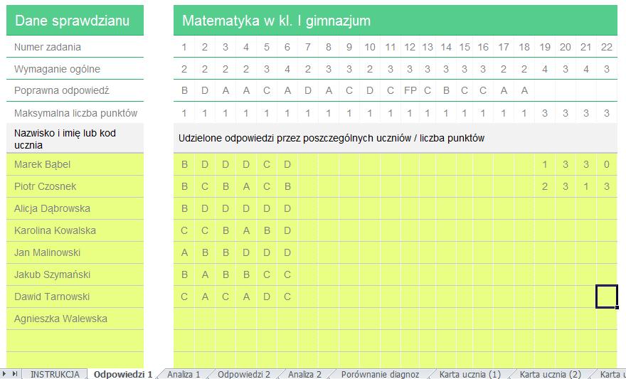 4. W kolejnym kroku wpisujemy dane uczniów i odpowiedzi każdego z nich.