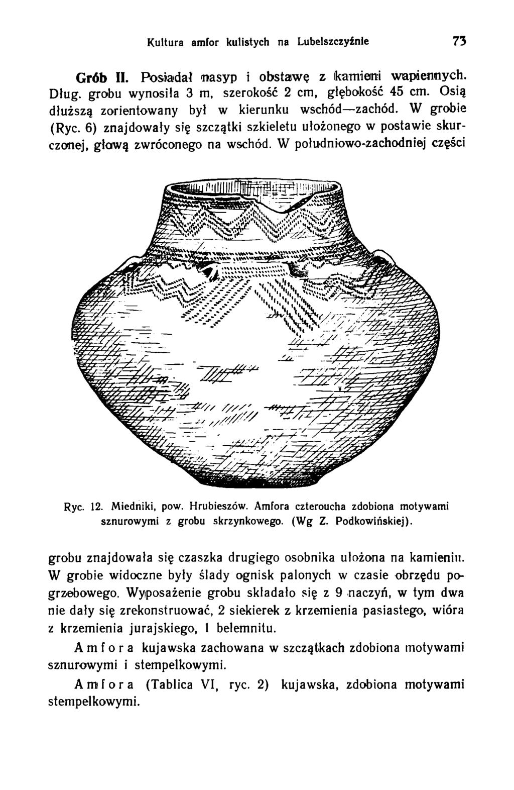 K ultura amfor kulistych na Lubelszczyinie 73 Grób II. Posiadał nasyp i obstaw ę z ikamieni wapiennych. Dług. grobu wynosiła 3 m, szerokość 2 cm, głębokość 45 cm.