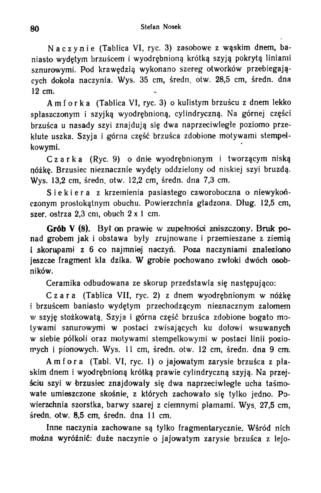80 Stefan Nosek Naczynie (Tablica VI, ryc. 3) zasobowe z wąskim dnem, baniasto wydętym brzuścem i wyodrębnioną krótką szyją pokrytą liniami sznurowymi.
