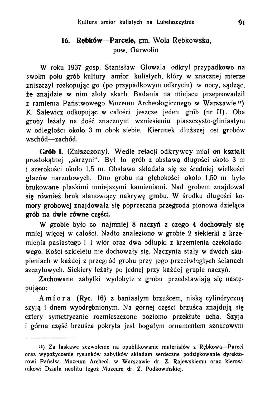 Kultura amfor kulistych na Lubelszczyźnie 91 16. Rębków Parcele, gm. W ola Rębkow ska, pow. Garwolin W roku 1937 gosp.