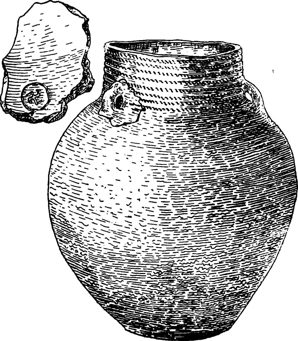 Rębków Parcele, pow. Garwolin. Amfora (naczynie 3). ze znakiem sw astyki wewnątrz, z grobu II (Rys. J. Koszutska).