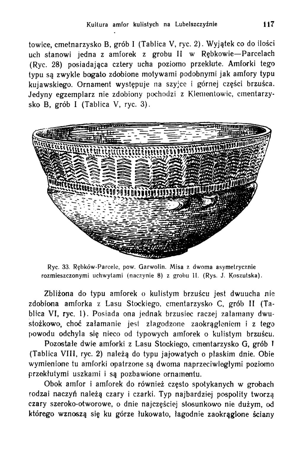 Kultura amfor kulistych na Lubelszczyźnie 117 towice, cmetnarzysko B, grób I (Tablica V, ryc. 2). Wyjątek co do ilości uch stanowi jedna z amforek z grobu II w Rębkowie Parcelach (Ryc.