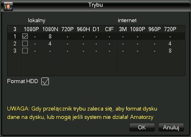 Przykładowe okno zmiany trybu pracy rejestratora np. rejestratora ADH 8CH Dostępne tryby pracy w zależności od wersji rejestratora. 4.1.