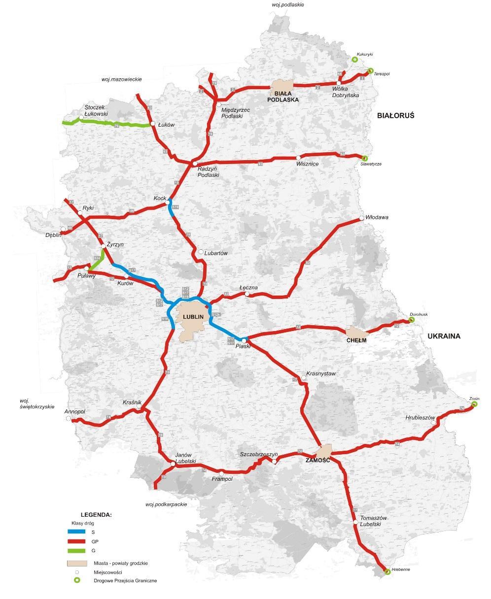 Sieć dróg w zarządzie Oddziału w Lublinie klasa S klasa GP