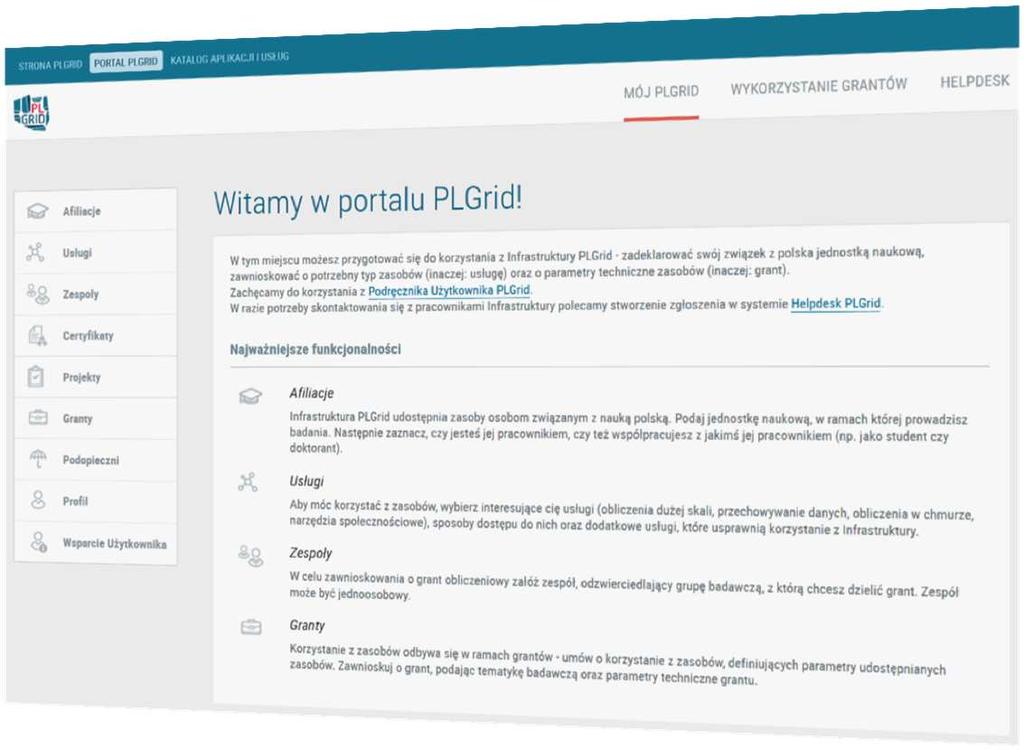 Portal PLGrid Główne funkcje: Rejestracja i zarządzanie kontem. Aplikowanie o dostęp do zasobów. Aplikowanie o dostęp do usług.