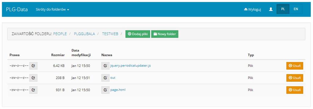 PLGData-zarządzanie plikami na klastrze Cel: proste narzędzie zarządzania plikami dla użytkowników klastra HPC Przeglądanie, dodawanie, usuwanie i zmiana praw dostępu do plików i folderów.