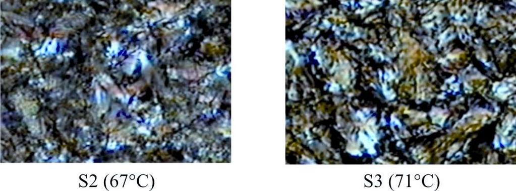 Textures of crystal (46 C) (left side) and mosaic smectic S1 (66 C) (right side) (on heating) [11] Rys. 14.
