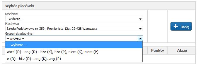 Lista preferencji Proszę utworzyć listę preferencji, poprzez wybranie kolejno z listy rozwijanej: dzielnicy szkoły podstawowej preferowanej grupy rekrutacyjnej i nacisnąć + Dodaj Pamiętaj!