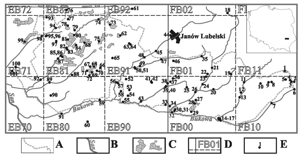 Fig. 1. The study A borders of the Janowskie Forests Landscape Park, B rivers.