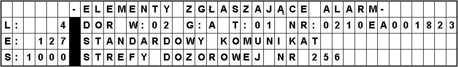 używając kursorów przewinąć do okna: następnie z Menu wybrać opcję ODCZYT STANU SYSTEMU, pojawi się okno: po czym wybrać opcję ELEMENTY ZGŁASZAJĄCE ALARM.