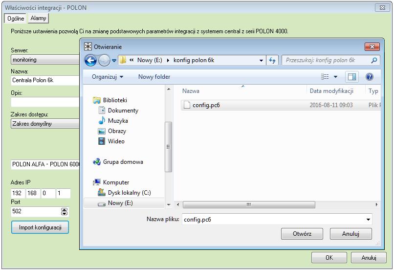 7.2.3 Importowanie konfiguracji Po wybraniu przycisku Import konfiguracji otworzy nam się okno, w którym wskazujemy przygotowany wcześniej plik.pc6 z konfiguracją centrali.