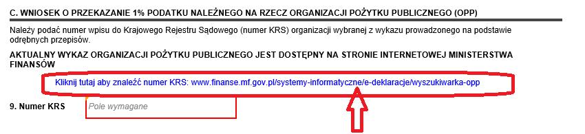 W formularzu znajduje się link do wyszukiwarki OPP, na rzecz której można wnioskować o przekazanie 1% podatku.