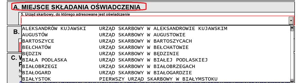 Krok 3 W kolejnym kroku należy wybrać (z rozwijanej listy) właściwy urząd skarbowy, do którego adresowany jest dokument.