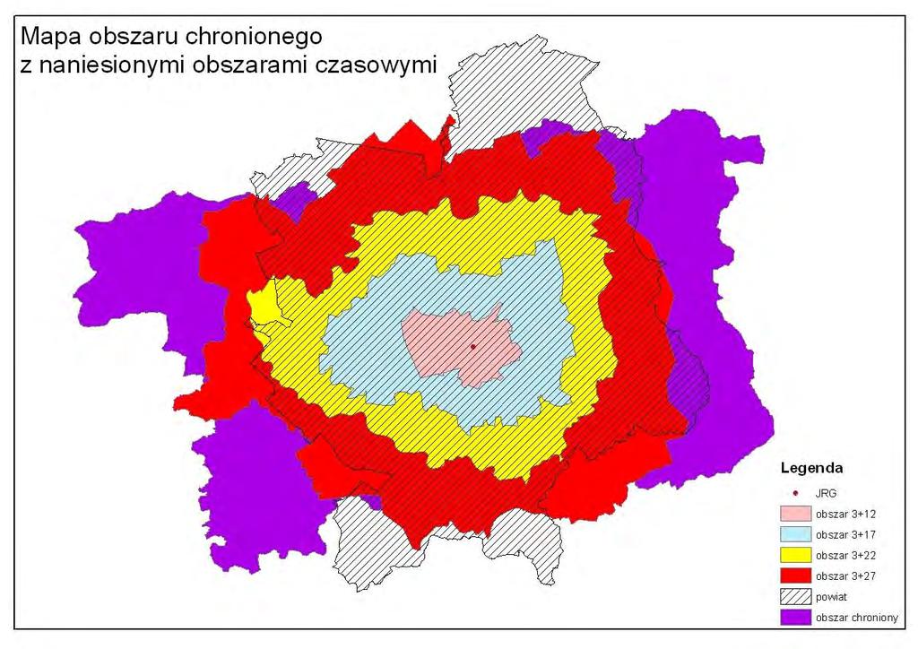 Załącznik 7.2 Mapa obszaru chronionego z naniesionymi obszarami czasowymi dotarcia do miejsca zdarzenia od chwili zadysponowania.