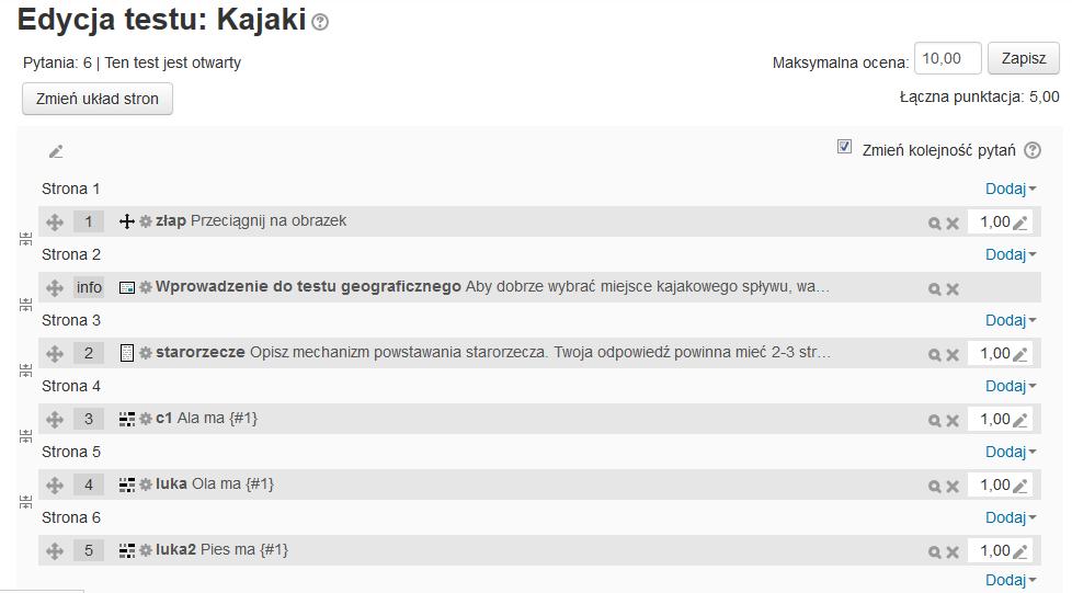 Wybieramy Kategorię pytań. W polach checkbox zaznaczając wybieramy pytanie. Znak + dodaje pytanie do quizu. Jeżeli dodamy przykładowe pytania, to zmianie ulegnie wygląd zawartości quizu.