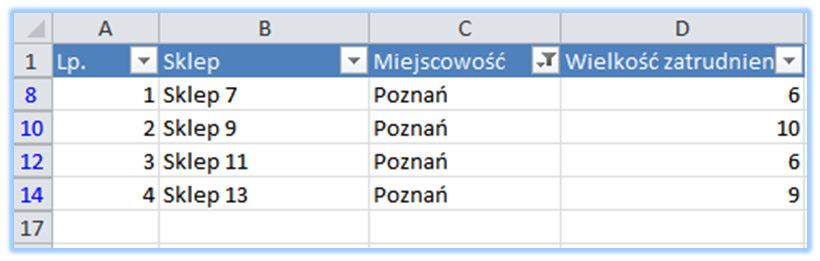 Teraz zastosuj filtrowanie według kolumny Miejscowość. W tym celu kliknij dowolną komórkę w obrębie zestawienia i na karcie Dane wybierz polecenie Filtruj.