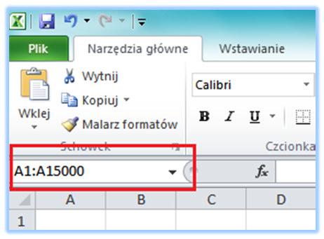 Kliknij myszą w polu nazwy znajdującym się po lewej stronie pola formuły. Wpisz odwołanie do zakresu, który chcesz zaznaczyć (np. A1:A15000). Wciśnij na klawiaturze klawisz Enter. Gotowe! Trik 10.