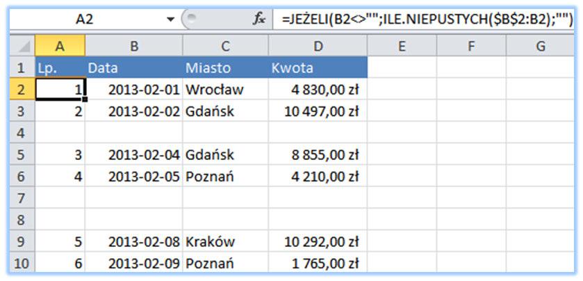 Numery zostały dopasowane do liczby wypełnionych wierszy, co przedstawia kolejny rysunek. Trik 20.