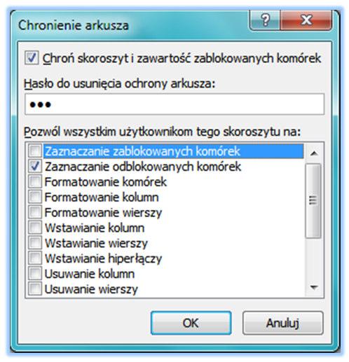 W wyświetlonym oknie przejdź do zakładki Ochrona. Wyłącz opcję Zablokuj i zatwierdź, klikając OK. Gdy komórki przeznaczone do edycji zostały odblokowane, możesz nałożyć ochronę na arkusz.