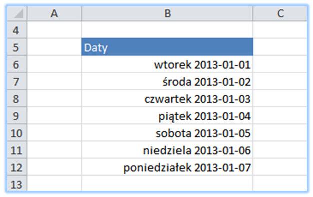 razem z nazwami dnia tygodnia. Oczywiście nie będziemy ich wprowadzać ręcznie. Wystarczy zastosowanie formatu niestandardowego.