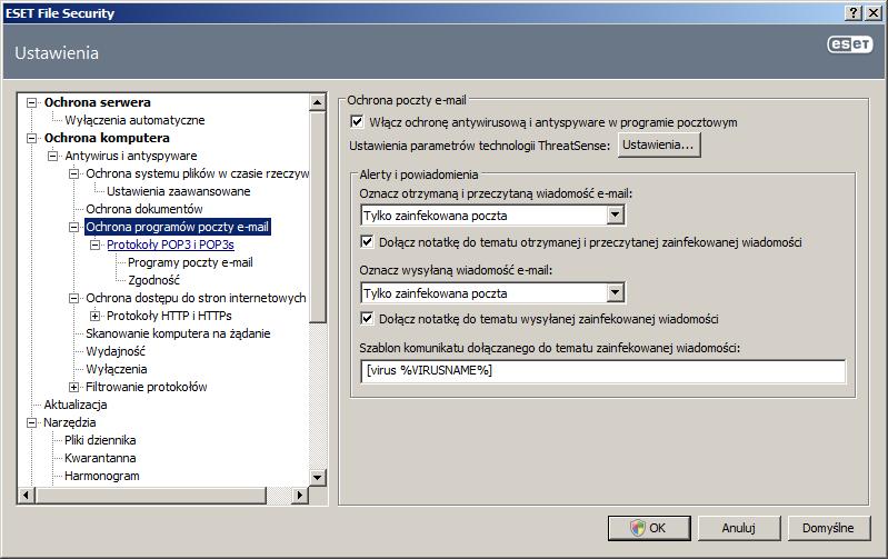 Aby włączyć ochronę poczty e-mail, należy kliknąć kolejno opcje Ustawienia > Otwórz całe drzewo ustawień zaawansowanych > Antywirus i antyspyware > Ochrona programów poczty e-mail i wybrać opcję