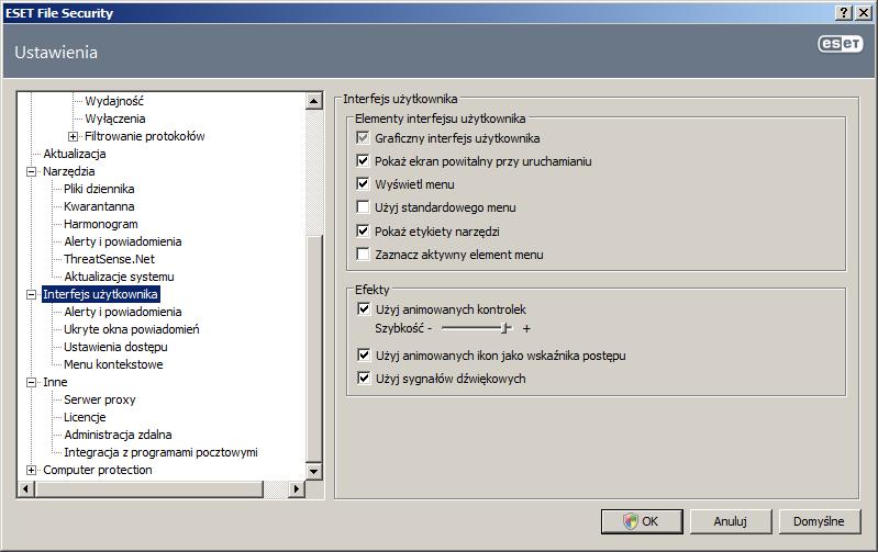 Do funkcji Interfej su użytkownika należy również ochrona hasłem parametrów konfiguracji programu ESET File