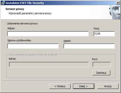 Aby samodzielnie wprowadzić parametry serwera proxy, można ręcznie skonfigurować jego ustawienia. W tym celu należy wybrać ustawienie Korzystam z serwera proxy i kliknąć przycisk Dalej.