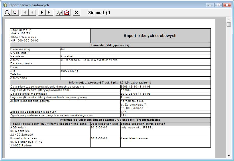 Rys. 76 Raport o danych osobowych kontrahenta 5.1.10.