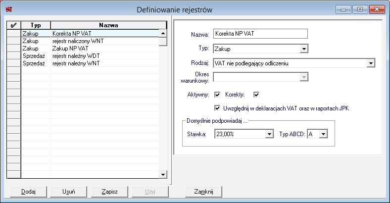 Rys. 112 Przykładowe rejestry VAT w początkowym etapie pracy Definiując własny rejestr podaj jego nazwę, typ, rodzaj, stawkę podatku VAT, która będzie podpowiadana podczas wprowadzania danych do