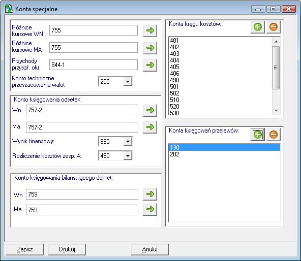 Rys. 117 Ustawianie parametrów kont specjalnych W kolejnych polach należy podać numery odpowiednich kont, które mają być użyte do wymienionych operacji.