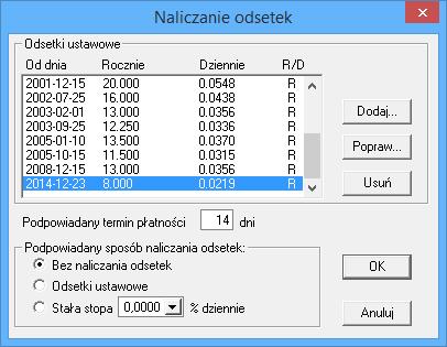 Naliczanie odsetek (transakcje handlowe) - parametry odsetek ustawowych dla kontrahentów rodzaju Firma oraz Osoba fizyczna (firma).