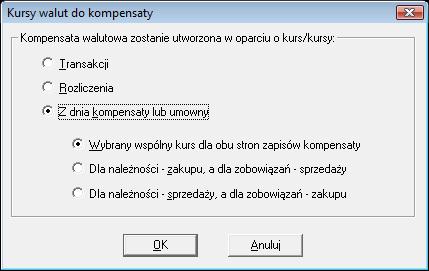 Rys. 124 Kursy walut do kompensaty walutowej Okno umożliwiające określenie kursów walut do kompensaty walutowej pojawi się po wybraniu z paska narzędziowego przycisku Ustawienia (albo polecenia