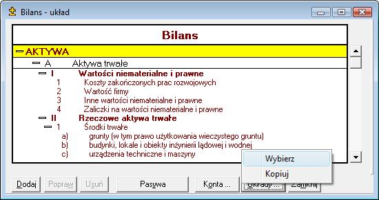 Rys. 131 Inicjacja wyboru ustawienia w oknie Ustawienia / Układ Bilansu Aktywa i Pasywa prezentowane są obok siebie lub jako oddzielne okna.