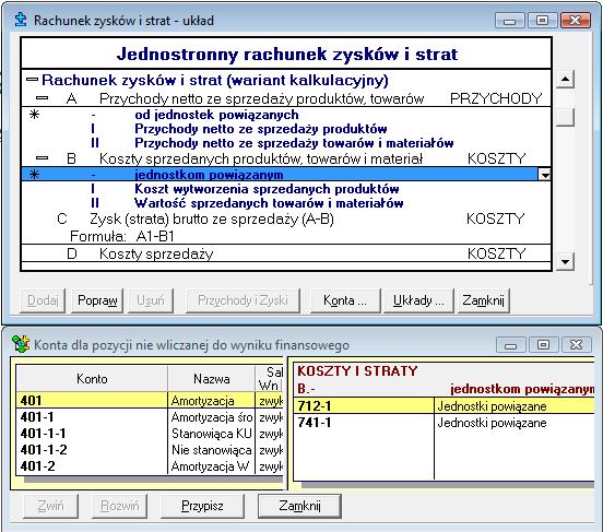 Rys. 138 Przypisywanie konta do pozycji rachunku zysków i strat pozycja niewliczana do wyniku finansowego Formułę obliczeniową można wprowadzać tylko dla pozycji, którym nie przypisano wcześniej kont