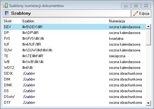 Rys. 151 Definiowanie szablonów numeracji ewidencyjnej dla poszczególnych typów dokumentów Istnieje możliwość zmiany szablonów numeracji dla dokumentów księgowych zapisanych do bufora.