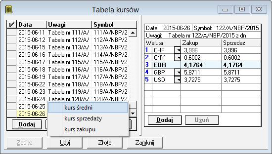 Rys. 177 Wybór kursu waluty w trakcie uzupełniania dokumentu w buforze Po podświetleniu wiersza waluty i naciśnięciu przycisku Użyj program poprosi o wskazanie właściwego kursu (zakupu, sprzedaży lub