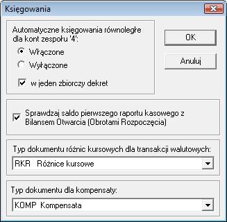 Rys. 210 Ustawienie opcji Sprawdzaj saldo pierwszego raportu kasowego z Bilansem Otwarcia (Obrotami Rozpoczęcia) 7.3.12.