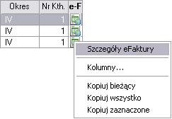 Rys. 226 Menu podręczne Szczegóły e-faktury Przycisk Kopia umożliwia przeniesienie danych z wybranego dokumentu w okno wprowadzania dokumentu.