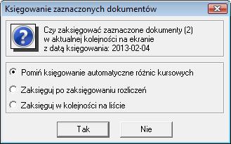 Rys. 235 Okno Księgowanie zaznaczonych dokumentów W operacji księgowania grupowego pojawiają się ponadto okno z informacją o ilości dokumentów wybranych do księgowania Rys.